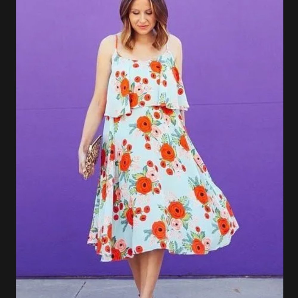 Paper Crown x Rifle Paper Co Poppy Fields Red Aqua Floral Midi Dress S Small